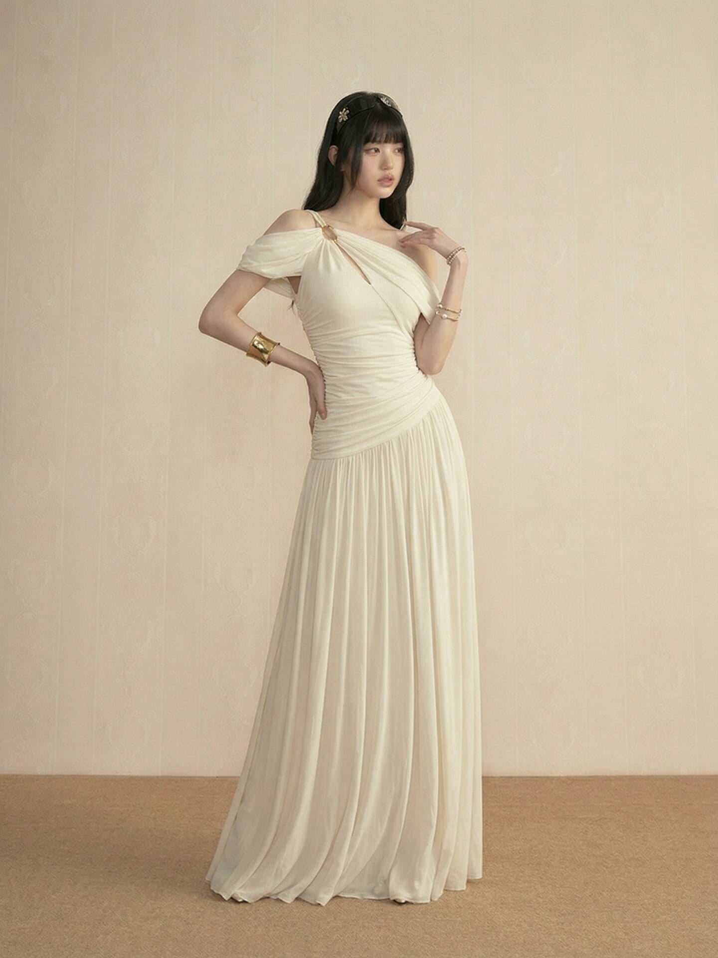 Ivory Asymmetric Draped Off Shoulder Maxi Dress