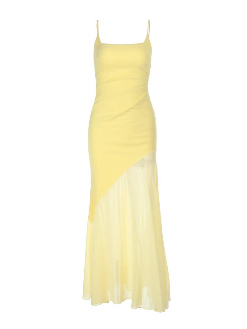 Sunlit Yellow Mesh Panel Mermaid Maxi Dress
