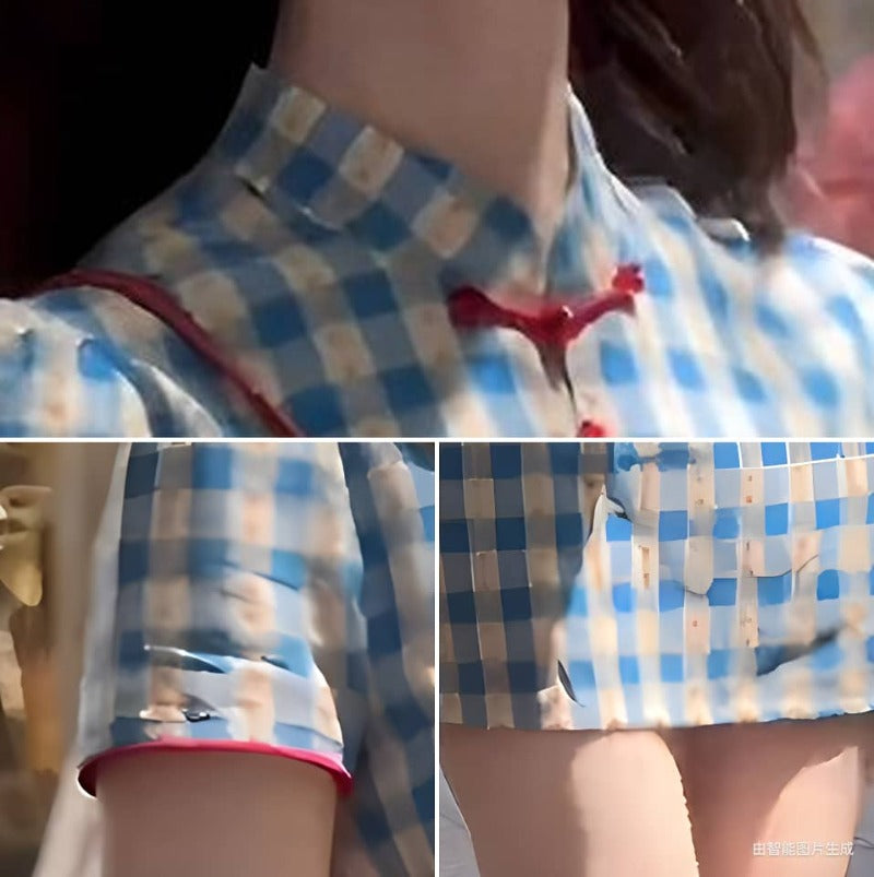 Chinese Style Blue Gingham Mandarin Collar Short Sleeve Mini Dress