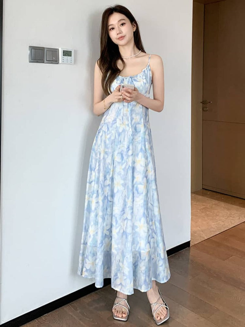 French Style Printed Tie Front Cami A-Line Maxi Dress