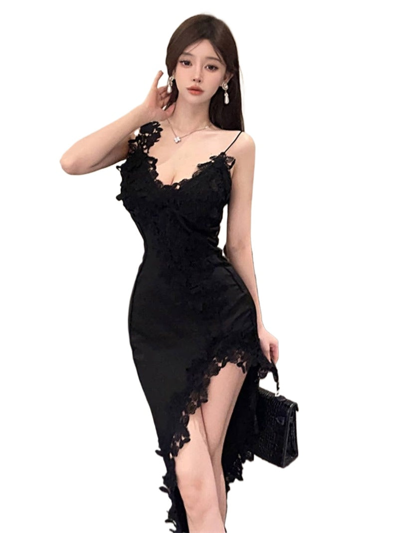 Sultry Lace Applique Cutout High-Slit Maxi Dress