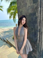 Gray Polka Dot Halter Backless A-Line Mini Dress