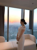 Plus Size White Lace Trim Off Shoulder Ruched Midi Dress