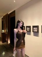 White/Brown Sultry Halter Top & PU Mini Skirt Set