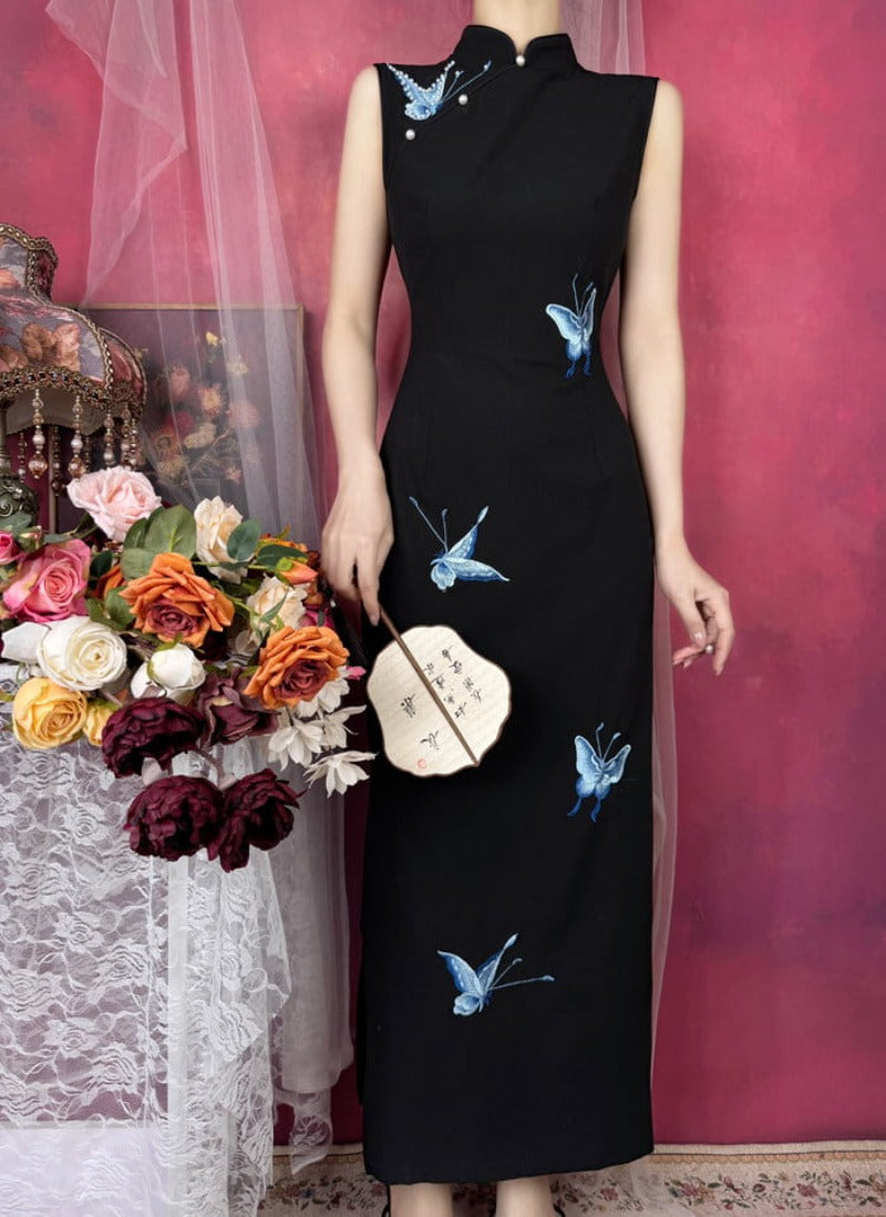 Black Mandarin Collar Butterfly Embroidered Side Slit Midi Dress