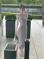 Gray Halter Pleated Sleeveless Bodycon Midi Dress