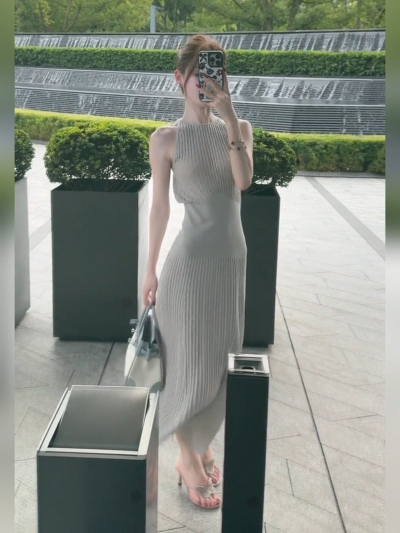 Gray Halter Pleated Sleeveless Bodycon Midi Dress