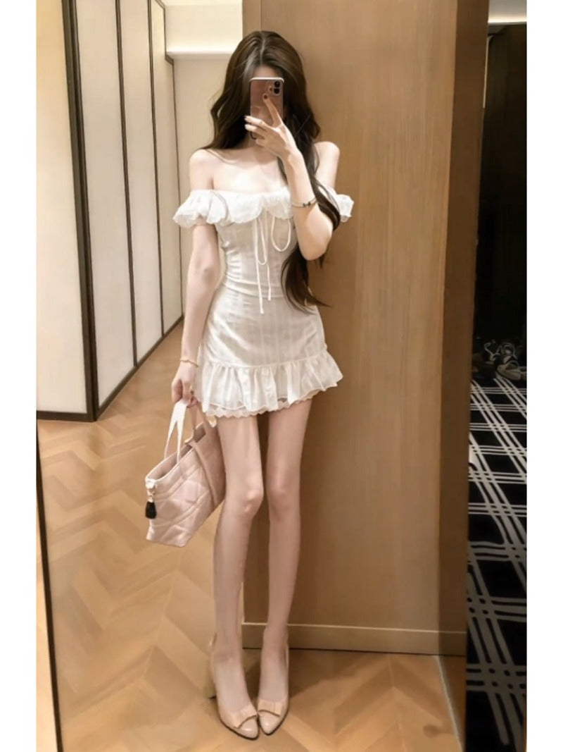 White Off Shoulder Ruffle Trim Ruched Bodycon Mini Dress