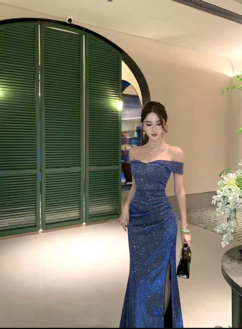 Blue Off Shoulder Sequin Ruched Slit Mermaid Maxi Dress