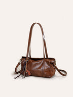 Retro Glossy Leather Shoulder Bag with Charm