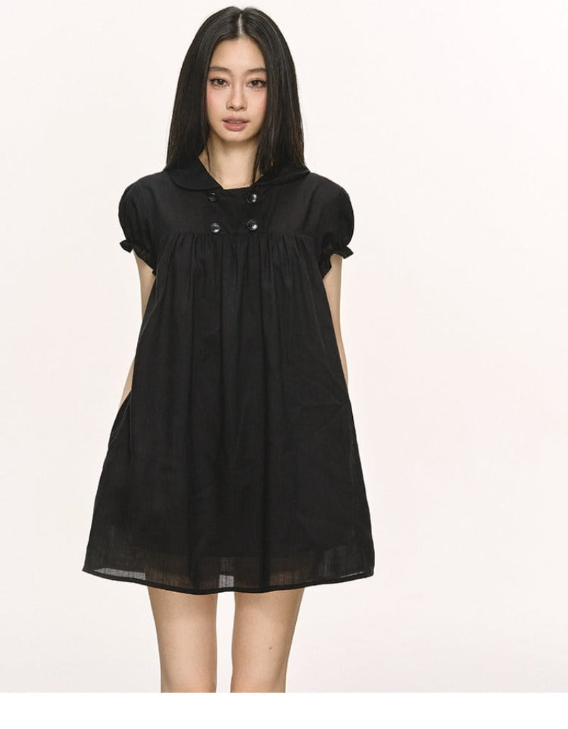 Lyocell Linen Puff Sleeve Collared Babydoll Mini Dress