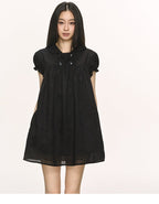 Lyocell Linen Puff Sleeve Collared Babydoll Mini Dress