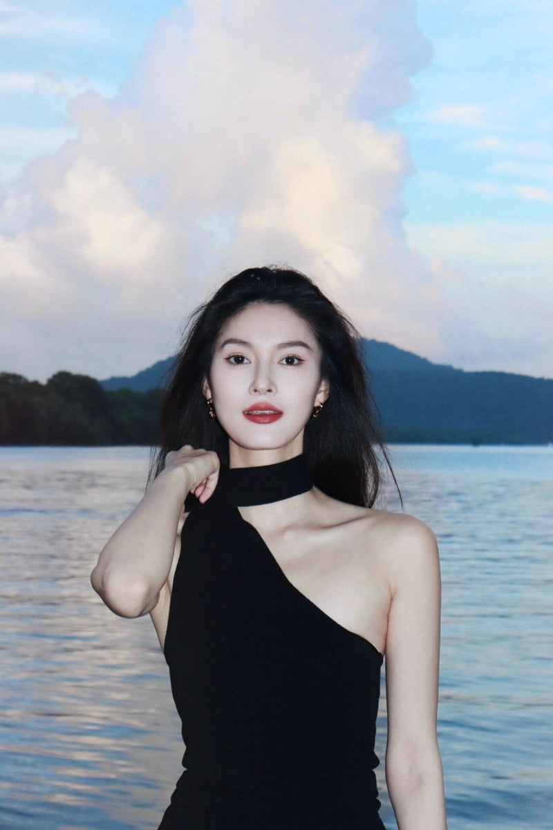 Black Asymmetric Scarf Halter Top