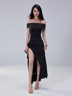 Black Off Shoulder Ruched High Slit Maxi Dress