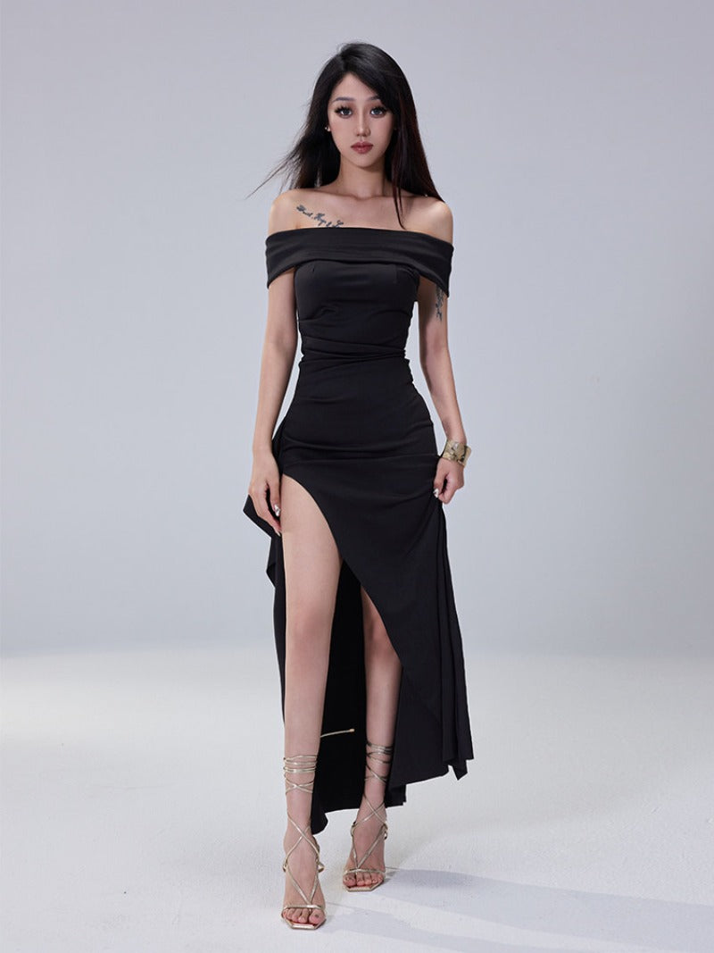 Black Off Shoulder Ruched High Slit Maxi Dress