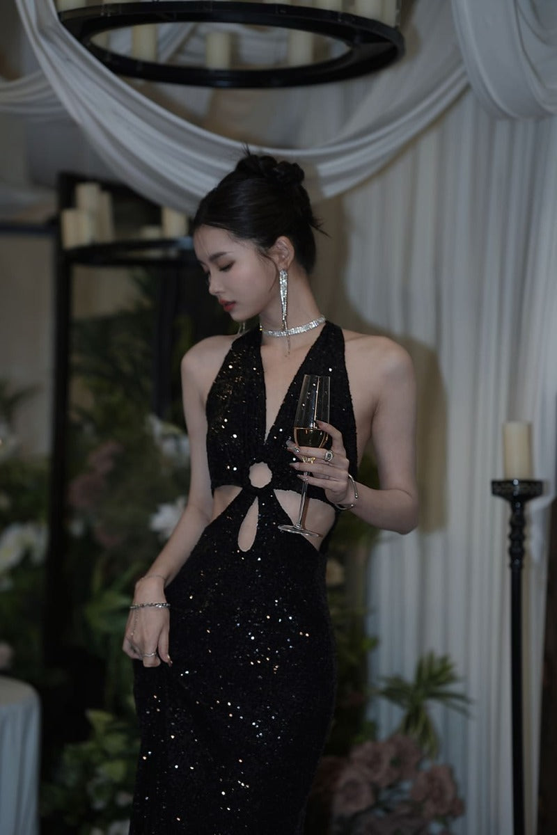 Black Sequin Halter Cutout Maxi Dress Main image