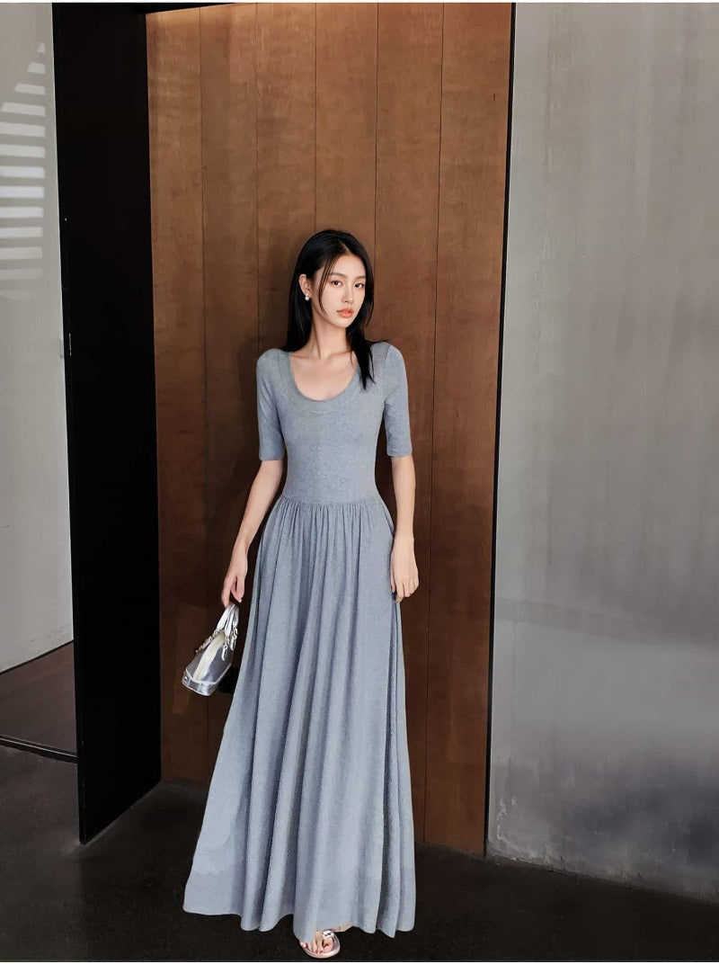 Gray U Neck Fit and Flare Maxi Dress
