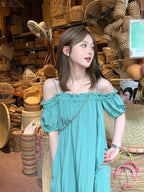 Turquoise Off-Shoulder Pleated Shift Maxi Dress