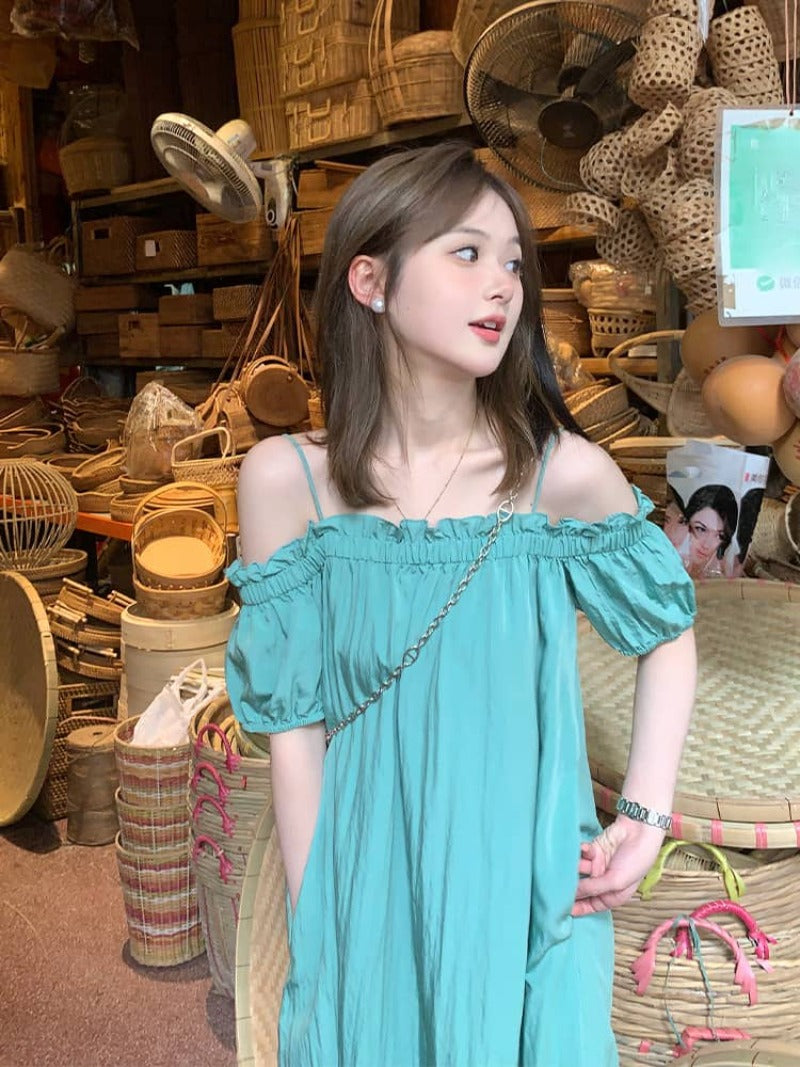 Turquoise Off-Shoulder Pleated Shift Maxi Dress