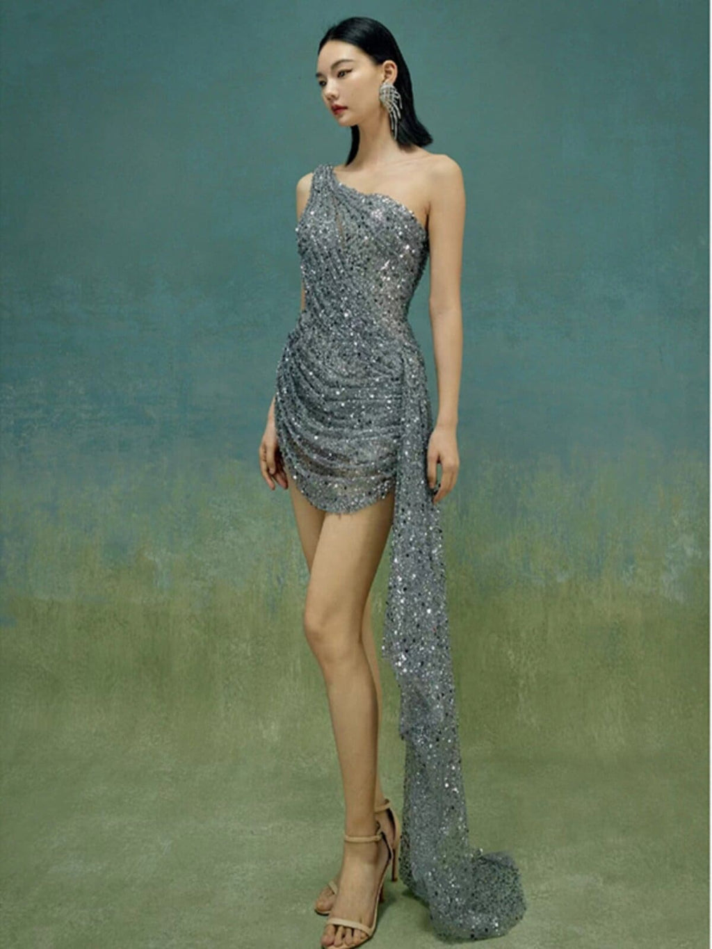 Silver Grey One Shoulder Sequin Bodycon Mini Dress