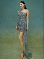Silver Grey One Shoulder Sequin Bodycon Mini Dress