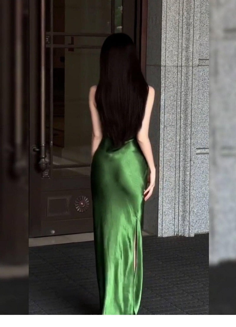 Green Satin Sleeveless Side Slit Bodycon Maxi Dress