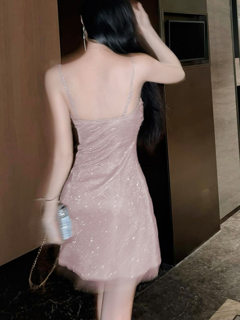 Pink Glitter Spaghetti Strap Mini Dress
