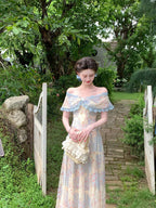 Blue Floral Off Shoulder Bow A-Line Maxi Dress