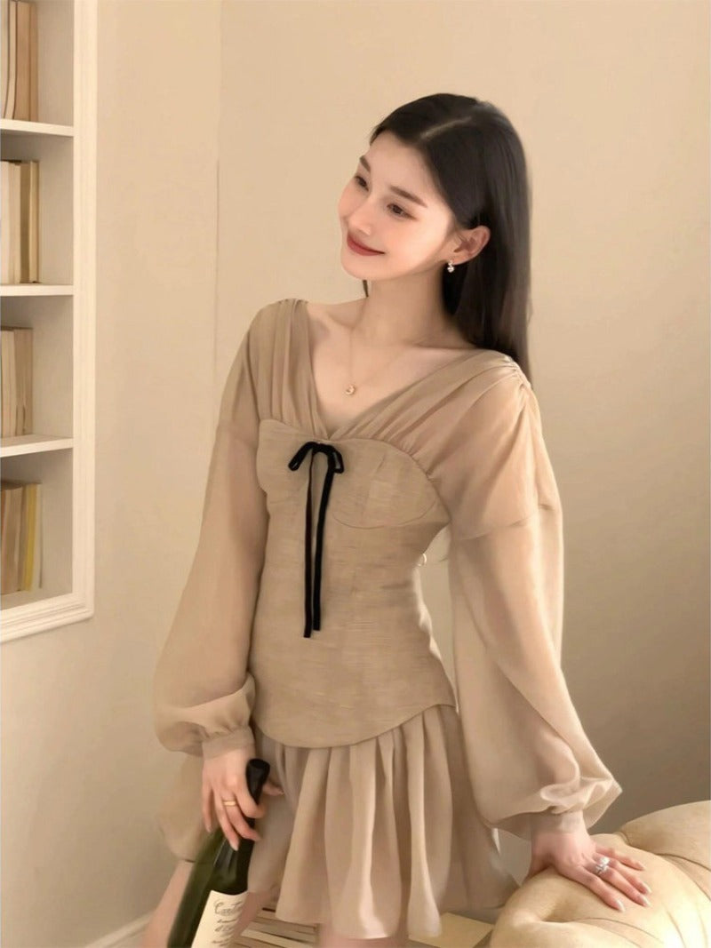 Mocha Muse V Neck Bow Corset Fit-and-Flare Mini Dress