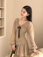 Mocha Muse V Neck Bow Corset Fit-and-Flare Mini Dress