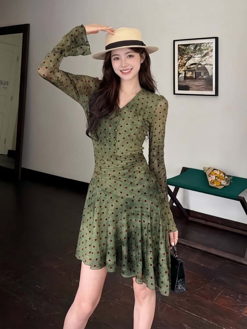 Green Polka Dot V-Neck A-Line Mini Dress