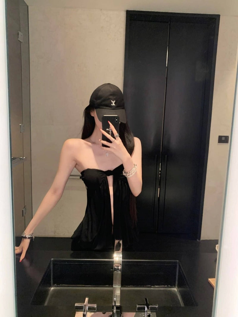 Black Sultry Strapless Tie Front Cutout Mini Dress