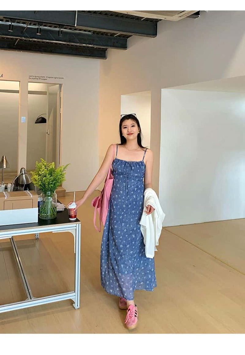 Blue Floral Tie Front Spaghetti Strap Maxi Dress