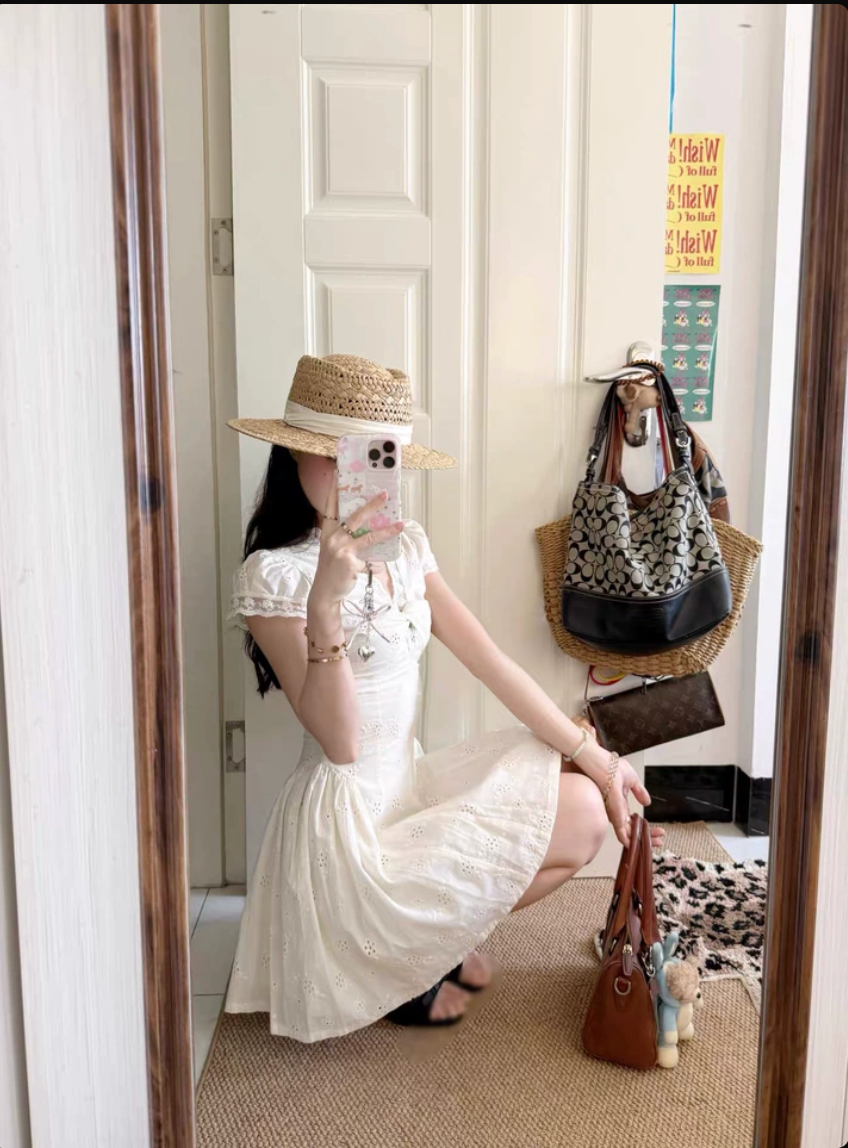 Ivory Lace Trim V Neck Puff Sleeve Fit-and-Flare Mini Dress