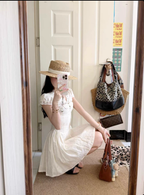 Ivory Lace Trim V Neck Puff Sleeve Fit-and-Flare Mini Dress