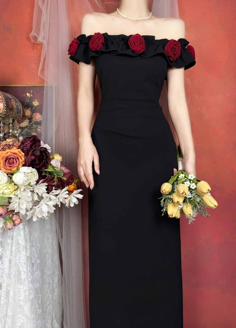 Off Shoulder Rose Appliqué Slit Maxi Dress