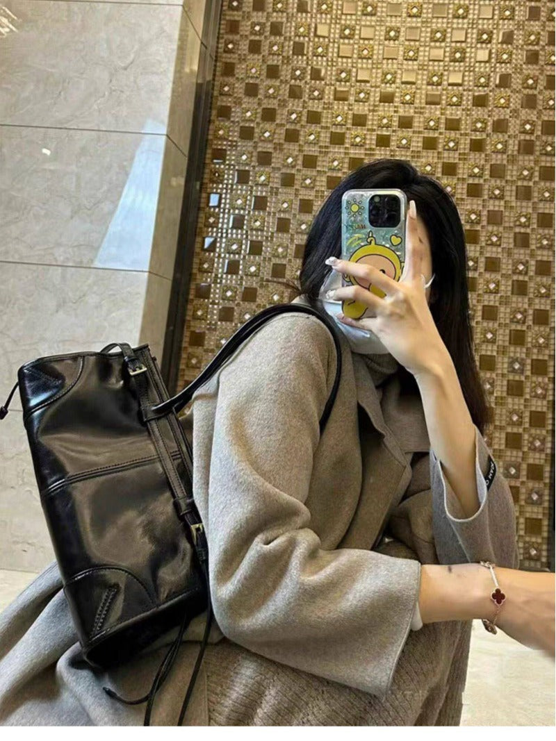 Black Glossy Shoulder Bag with Buckle Detail