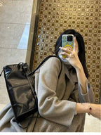 Black Glossy Shoulder Bag with Buckle Detail