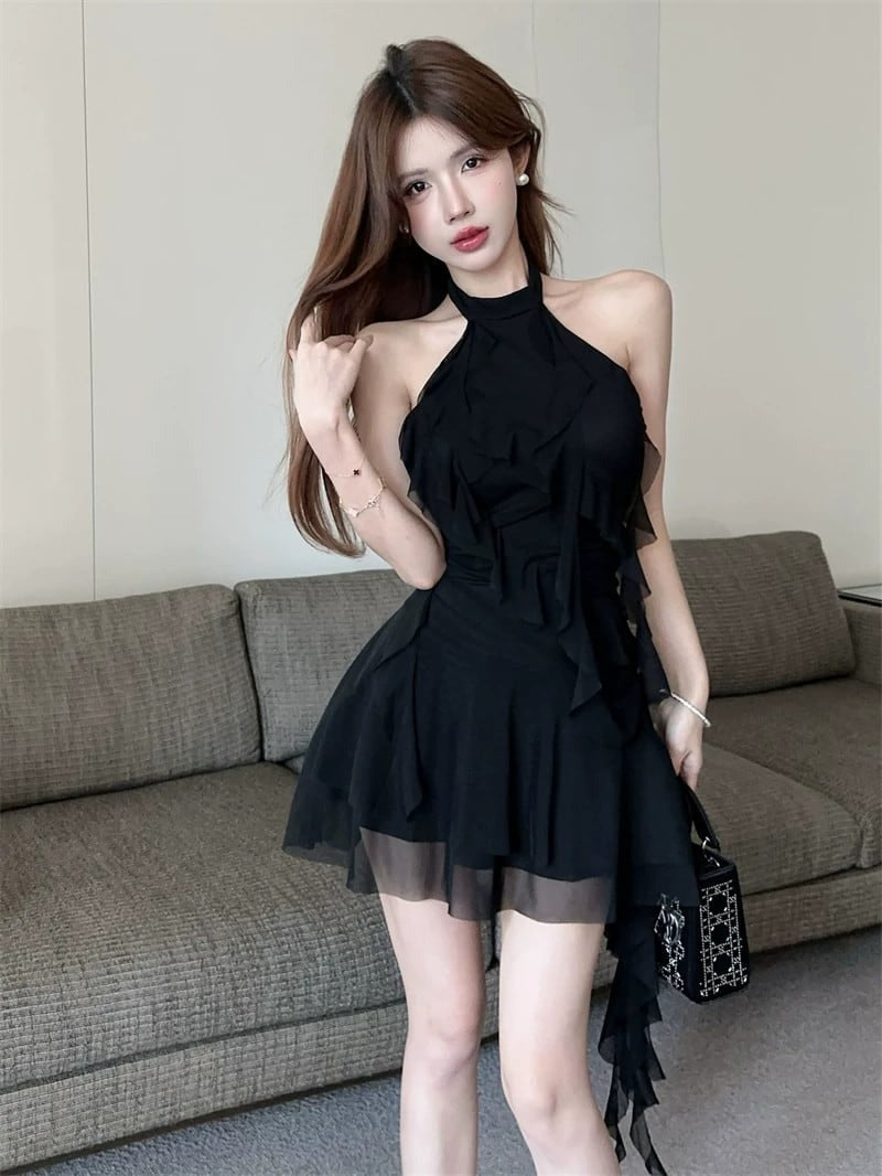 Flirty Black Ruffle Halter High-Low Mini Dress Secondary image