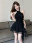 Flirty Black Ruffle Halter High-Low Mini Dress