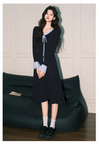 Navy Ribbon V Neck Bell Sleeve A-Line Dress