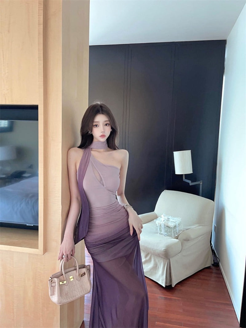 Sultry Purple Gradient Scarf Neck Mesh Maxi Dress