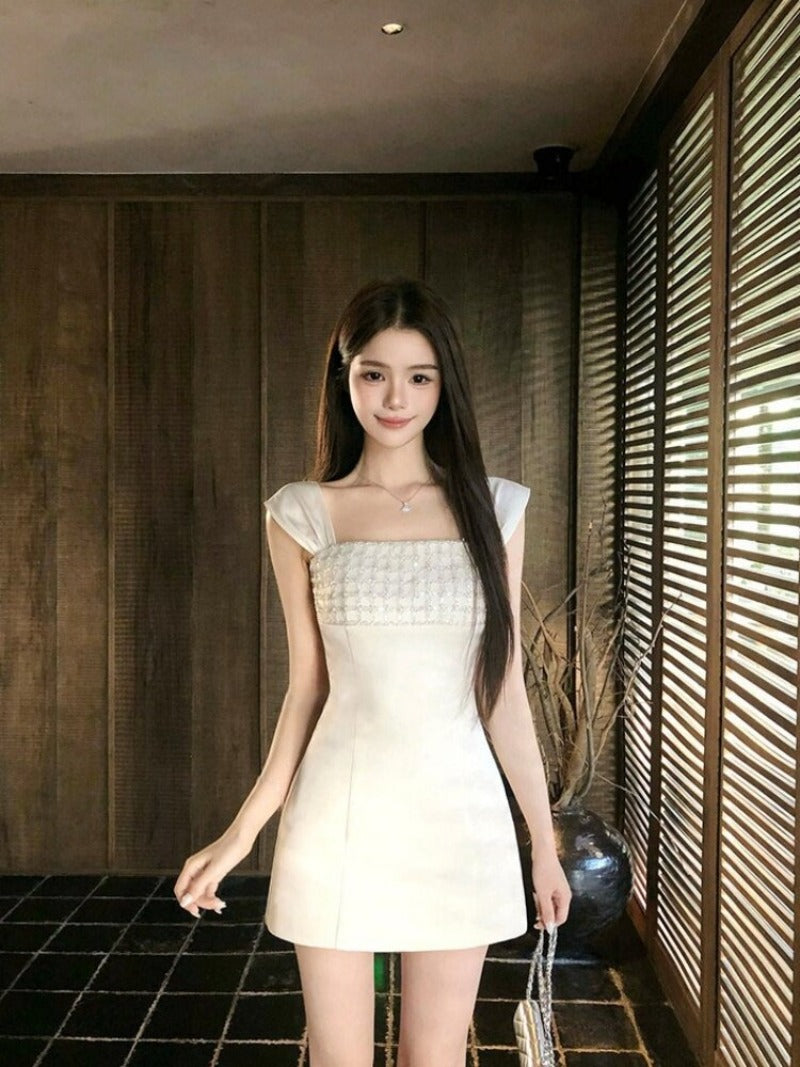Ivory Pearl Beaded Square Neck A-Line Mini Dress