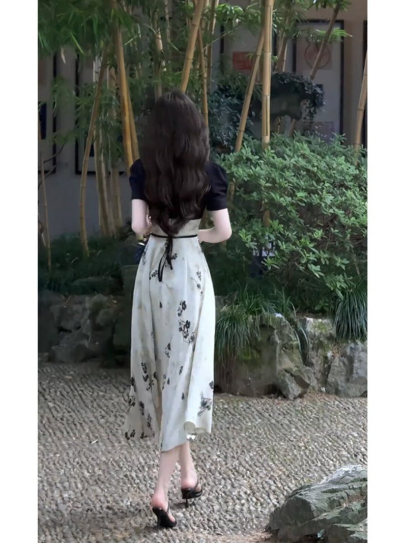 Black Ivory Square Neck Floral A-Line Midi Dress
