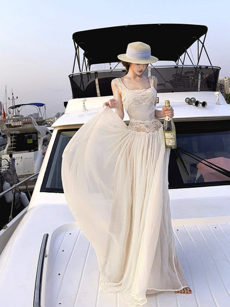 Ivory Lace Trim Backless Tie Back A-Line Maxi Dress