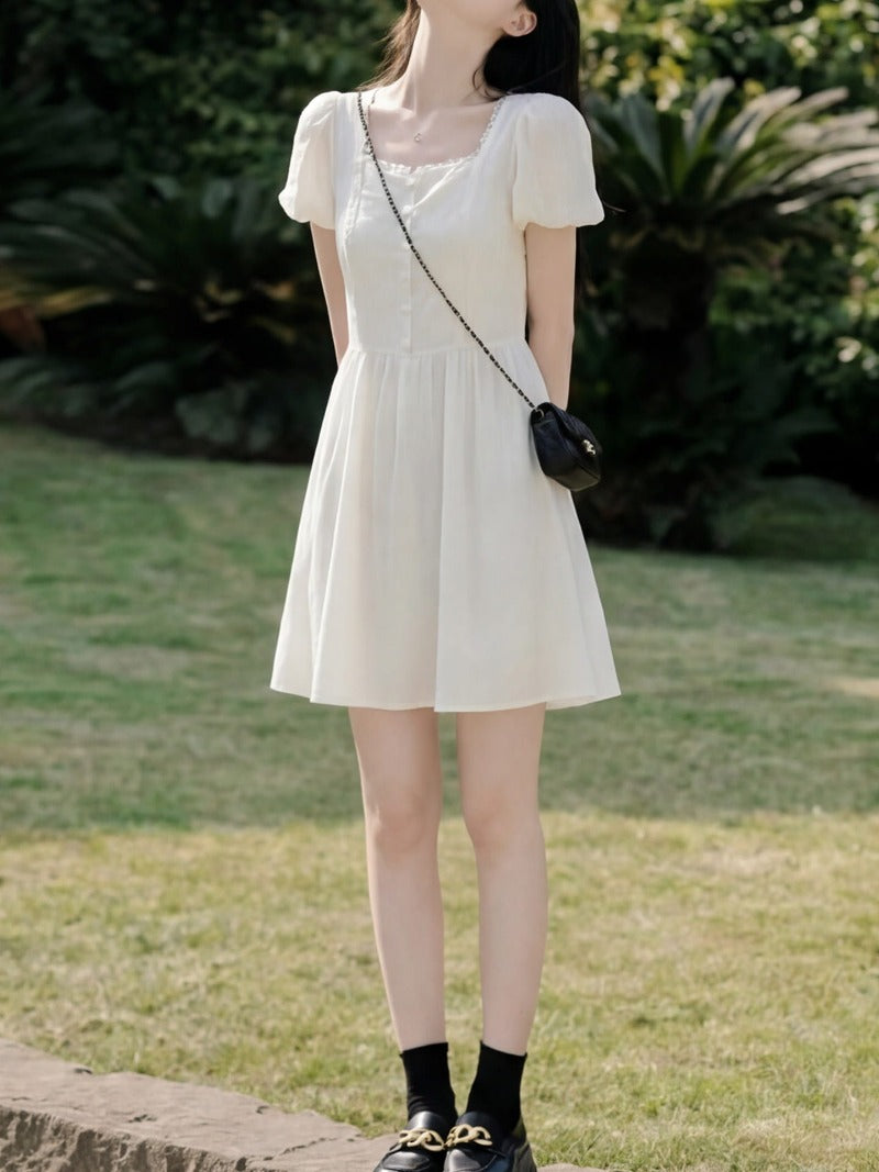 White Square Neck Puff Sleeve A-Line Mini Dress