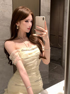 Pale Yellow Off Shoulder Ruched Mesh Bodycon Mini Dress