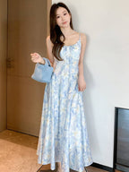 French Style Printed Tie Front Cami A-Line Maxi Dress