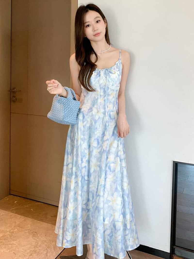 French Style Printed Tie Front Cami A-Line Maxi Dress