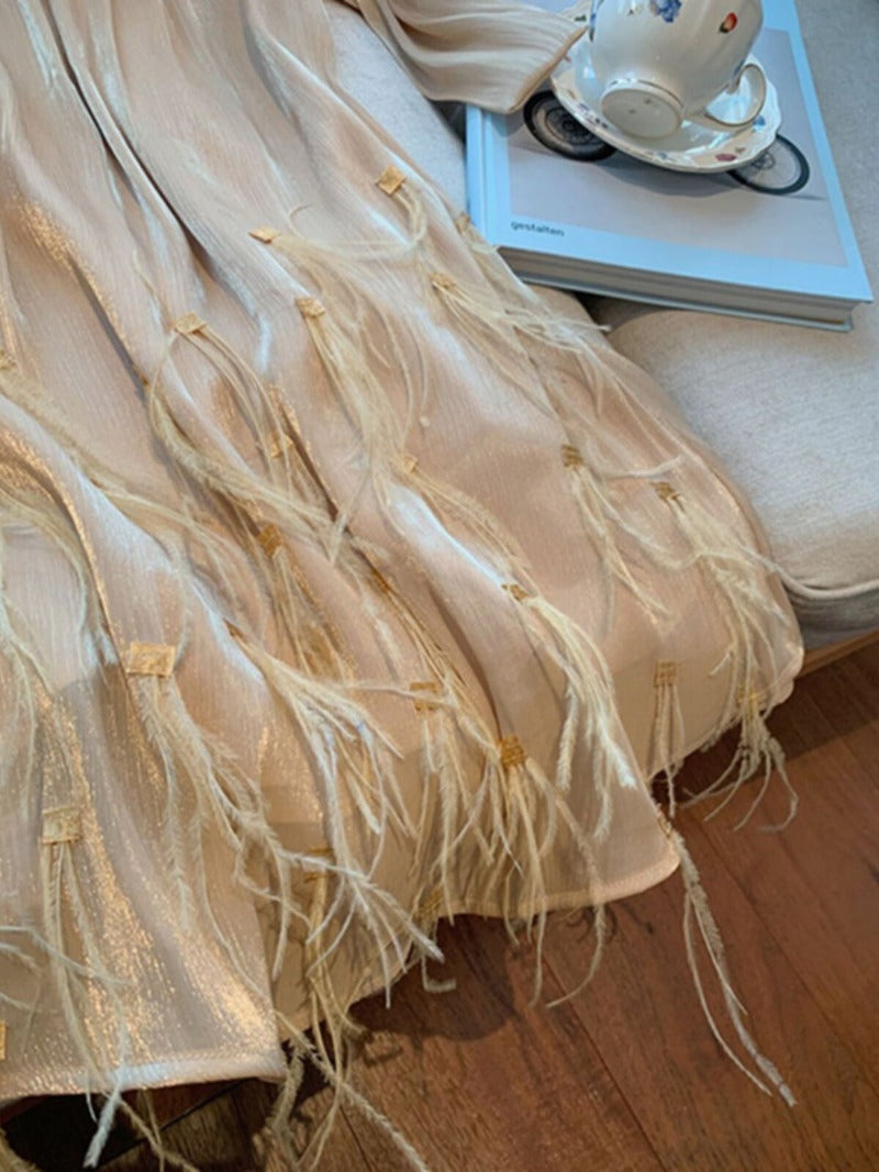 Champagne Halter Pleated Fringe A-Line Mini Dress